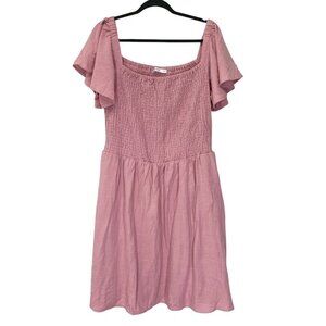 Babydoll Smocked Dress XL Flutter Sleeve Linen Blend Pink Boho Cottagecore